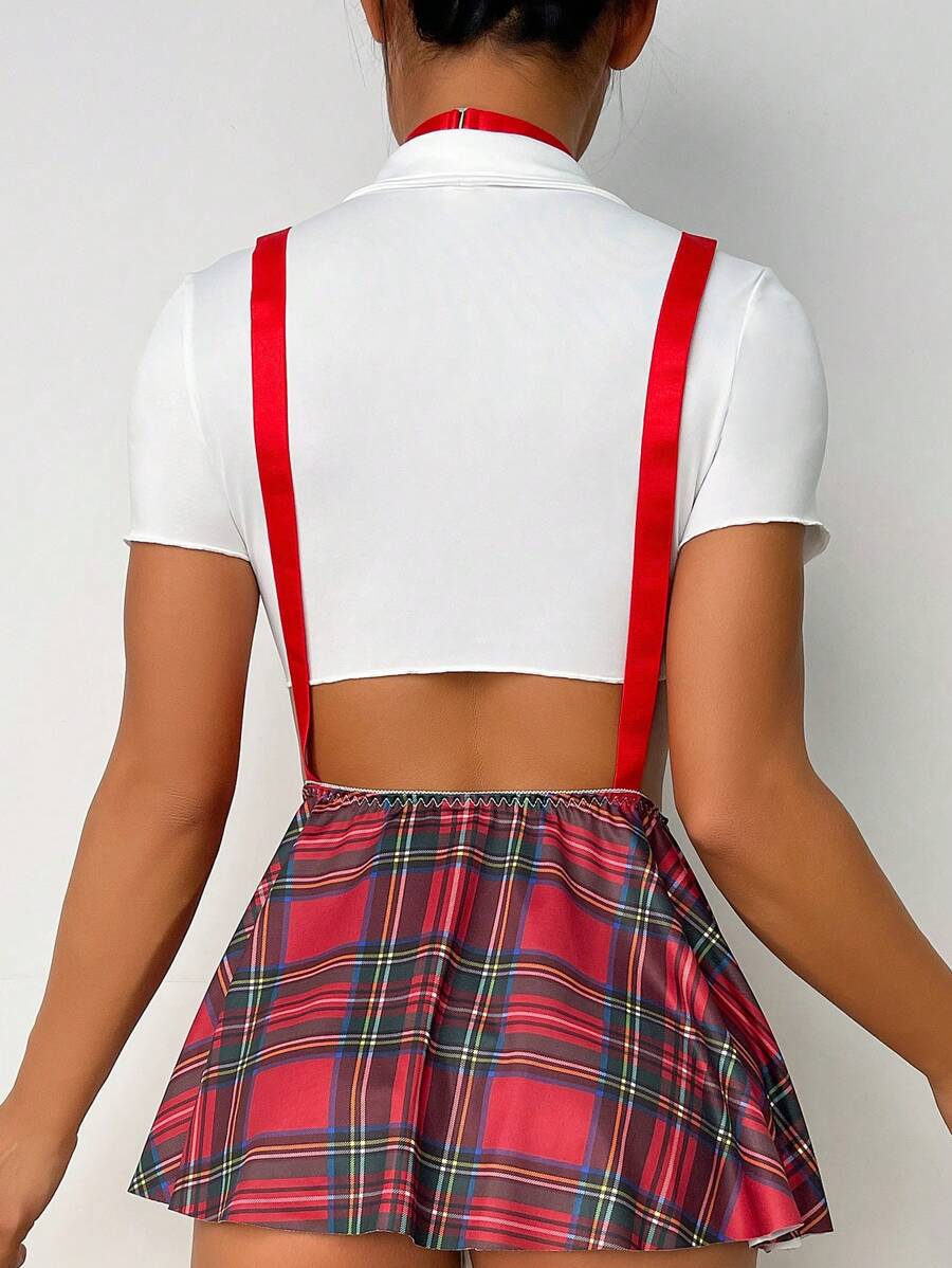 Womens Plaid Schoolgirl Costume Set with Plaid Skirt And Tie